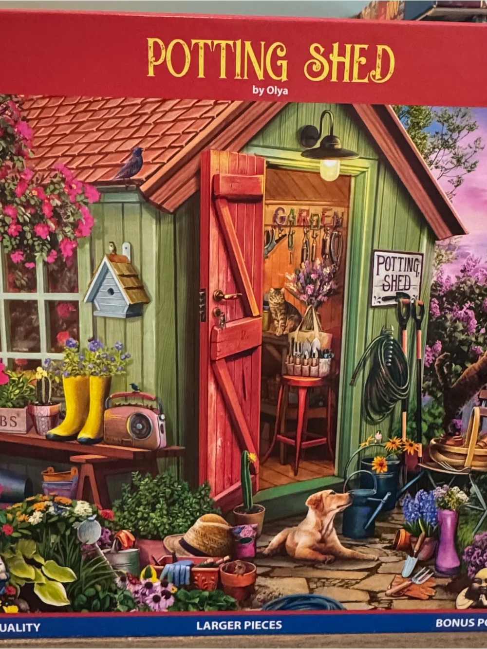 White Mountain Potting Shed Puzzle - Red, Green, Yellow, Pink, Blue